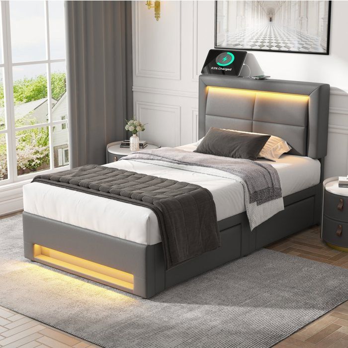 MODENUIT Lit adulte 90x200 cm avec 4 tiroirs ports USB LED multicolore cadre à lattes stable PU Gris (Sans matelas)