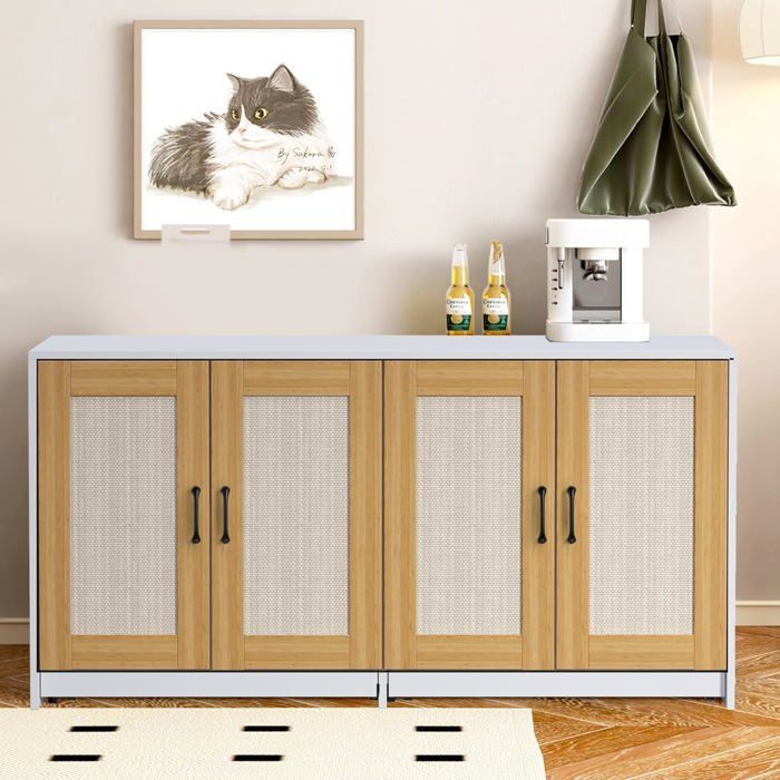 Meuble TV 4 portes en sisal à griffer 120 x 50 x 61 5 cm buffet en bois Meuble double pour litière pour 2 chats