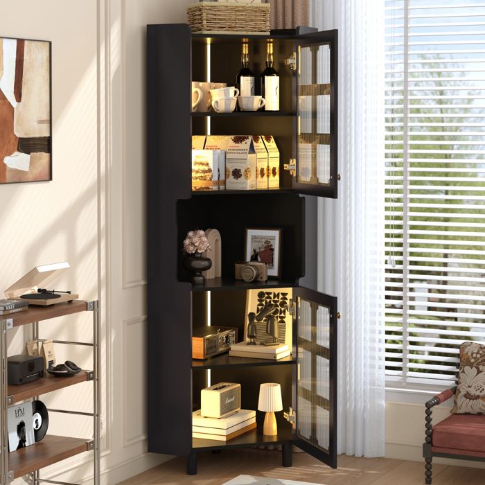 Buffet de cuisine. meuble haut avec LED pilotée par appli. 3 zones de rangement. MDF laqué noir