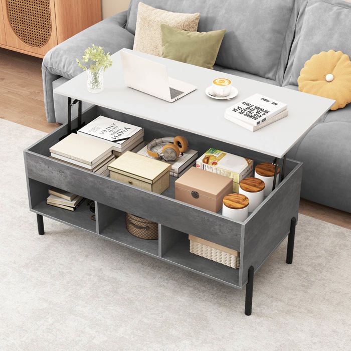Table Basse Relevable 100 x 50 CM COSTWAY 3 Cubes de Rangement Compartiment Caché Table Rectangulaire de Salon Charge 70KG Gris