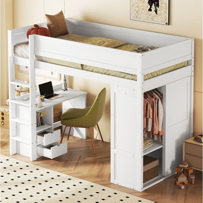 Lit mezzanine enfant blanc 90 × 200 cm avec armoire bureau et tiroirs