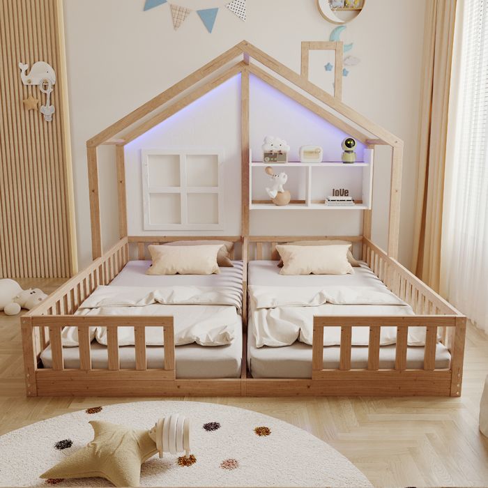 Lit cabane double naturel – 2x90x200 cm – Cheminée LED barrières étagères – Sommier inclus – Idéal chambre partagée