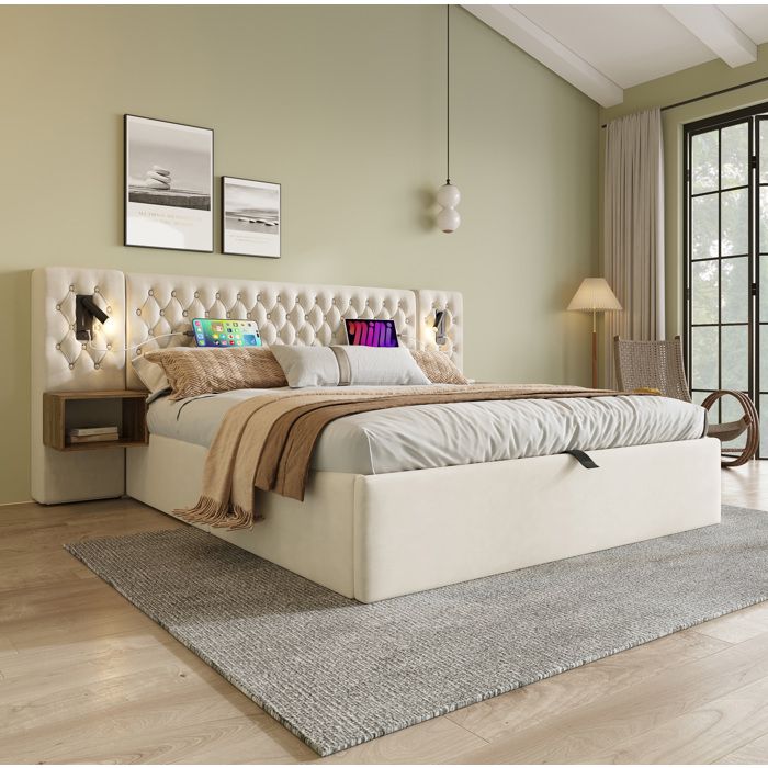 Lit double beige 160 × 200 en velours avec rangement LED USB/C sans matelas