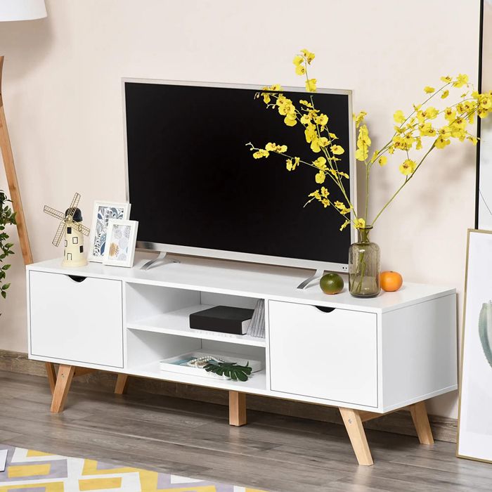 Meuble TV bas - 150x39x50 cm - Blanc & bois hévéa - 2 portes 2 niches - Style scandinave