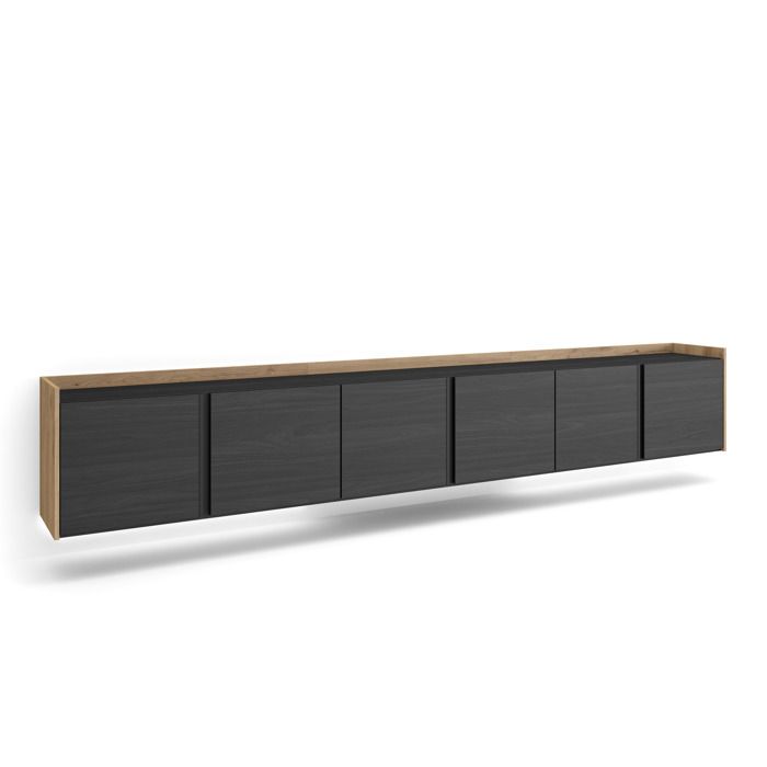 Meuble TV 309x35x50cm avec 6 portes battantes Suspendu Mural LED Noir et chêne RF4594 Meuble TV 309x35x50cm avec 6 portes battantes Suspendu Mural LED Noir et chêne RF4594