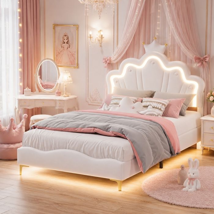 Lit princesse 140x190 avec LED Lit enfant 140x190 cm avec tête de lit en forme de couronne réglable Lit fille 140x190 cm Blanc