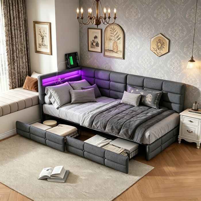 Canapé lit 90x200 cm lit coffre lit simple lit adolescent 2 tiroirs LED USB tête de lit rembourrée sommier à lattes lin gris