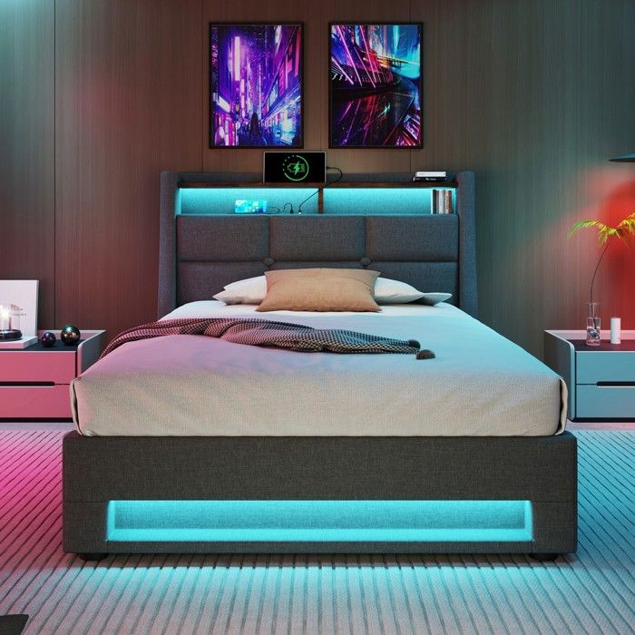 Lit simple lin 90x200cm USB LED lattes métal sans matelas