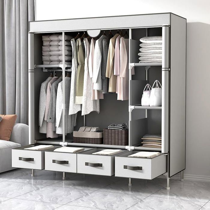 Armoire en Tissu avec tiroirs - 150 x 45 x 170 cm - Gris-White Clair Armoire assemblée Lumière Gris-blanc 150*45*17 PENDERIE SOUPLE