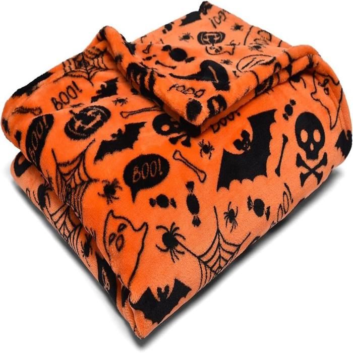 Couverture polaire Halloween (120 x 150 cm) - Polaire ultra douce et confortable orange - Plaid orange avec chauves-souris et