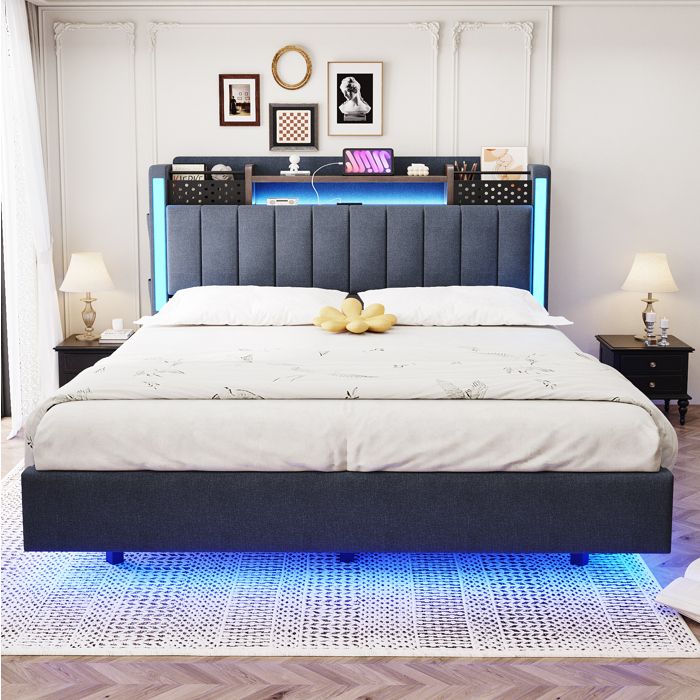 Lit enfant simple 90x200 cm design riveté contemporain sommier à lattes inclus 2 tiroirs intégrés lin gris sans matelas