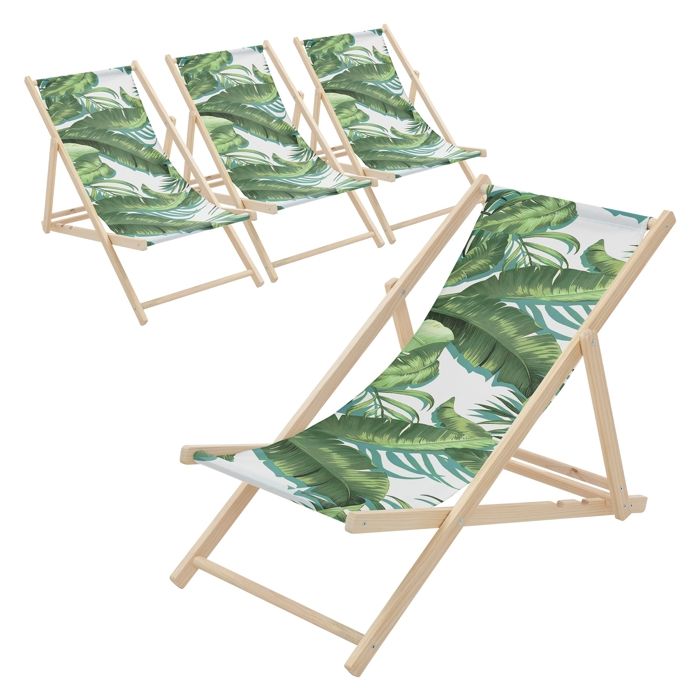 Lot de 4 chiliennes - ECD Germany - Motif tropical - Bois - Pliables 3 positions - 120 kg max Lot de 4 chiliennes - ECD Germany - Motif tropical - Bois - Pliables 3 positions - 120 kg max