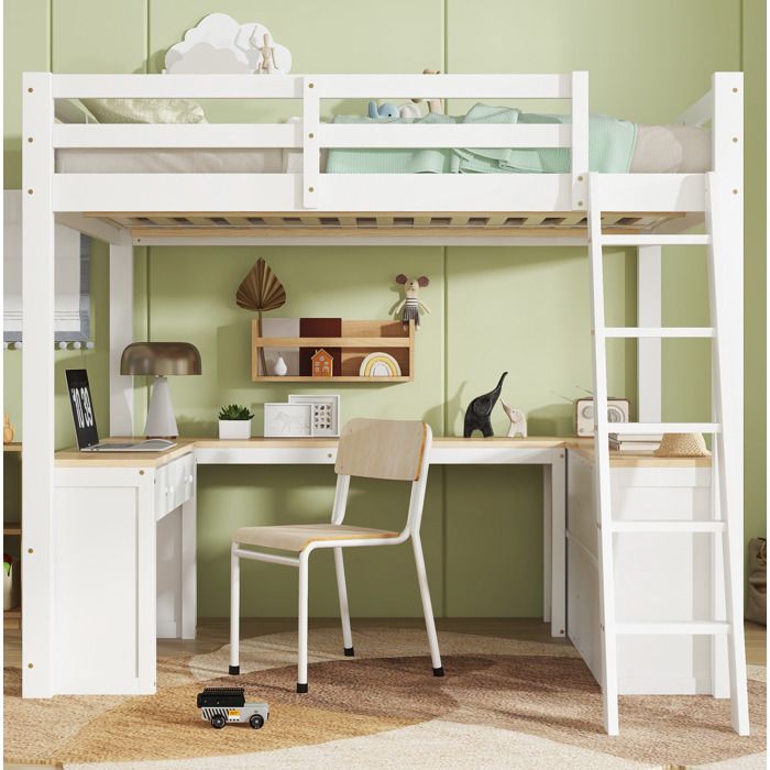 Lit Mezzanine Enfant 140 x 200 cm Bureau En U 2 Tiroirs Étagère De Rangement Échelle Inclinée Sommier À Lattes Blanc Et Naturel
