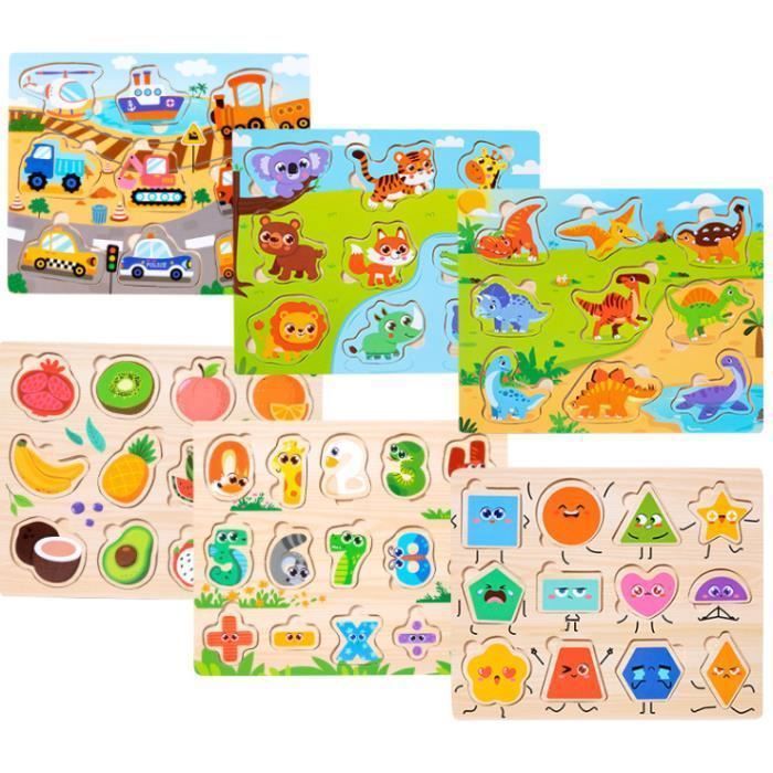 Puzzle pour enfants – Jouet – Ensemble de 6 pièces – En bois – Plateau dencastrement – Convient aux enfants de 2 à 3 ans