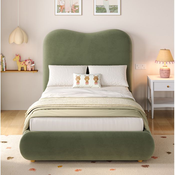 Lit enfant 1 place 90 x 200 cm en velours vert avec coffre hydraulique et sommier à lattes inclus