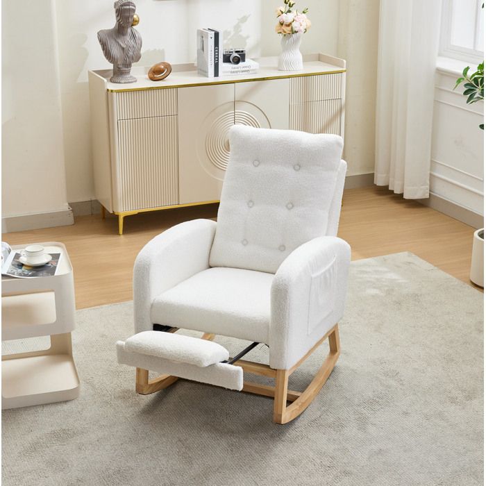 COVREO Fauteuil à bascule blanc en bois massif repose-pieds extensible ports USB et USB-C poches latérales