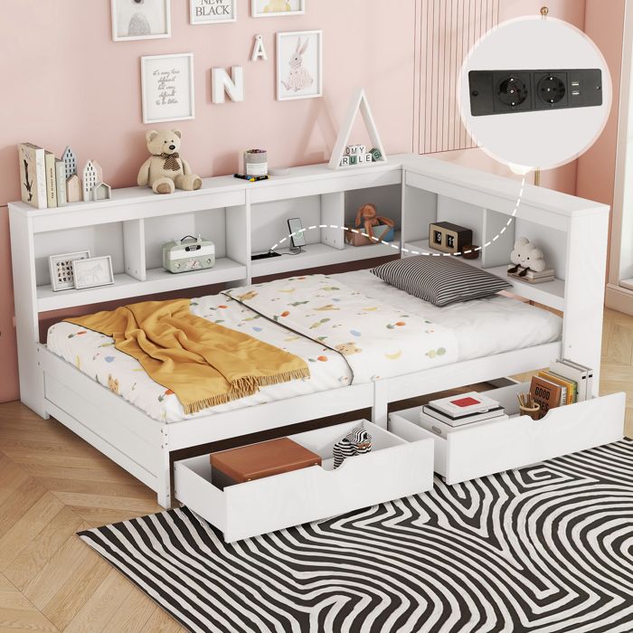 Canapé lit 90x200 blanc avec 2 tiroirs étagères prises/USB et sommier