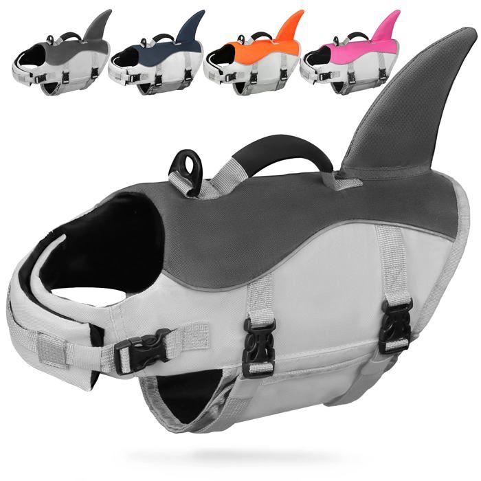 Gilet de natation / gilet de sauvetage pour chien style requin (taille M gris) — Haute visibilité et réglable