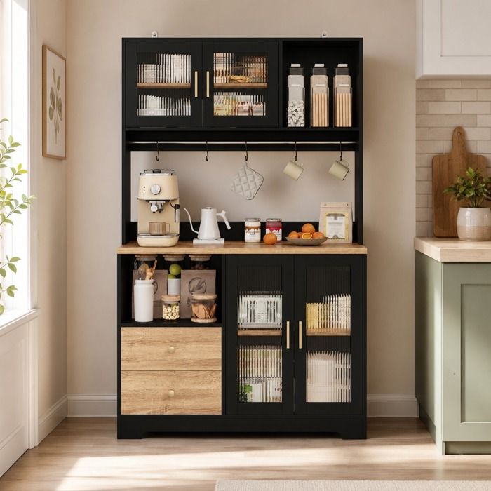 Buffet de Cuisine Armoire - Meuble de Rangement Cuisine - Buffet Salon - 4 Portes - 2 Tiroirs - avec LED RGB Prise USB- Noir