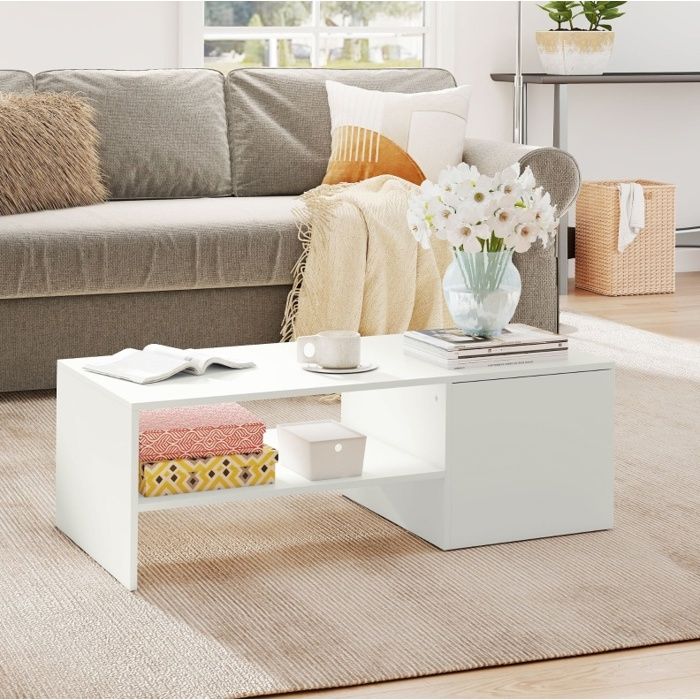 Table basse relevable avec plateau coulissant rangement caché et étagère ouverte - MEUNIQ - Salon Bois Blanc