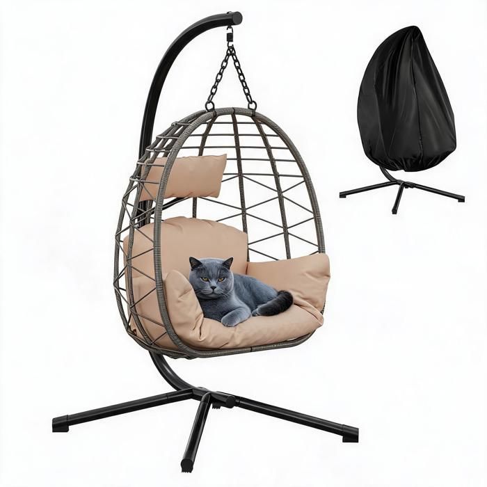 Fauteuil suspendu œuf – rotin PE structure acier renforcée 150kg coussins amovibles – jardin balcon terrasse – Blanc