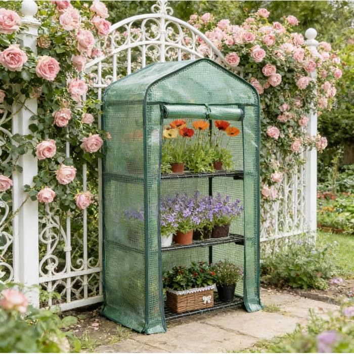 Serre Tunnel 3 Niveaux avec Porte Enroulable - ELVMI - Housse PE UV et Structure Métal Vert 69 × 49 × 125 cm