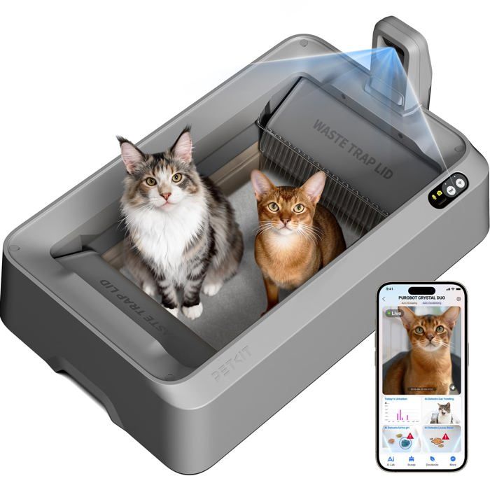 PUROBOT Crystal Duo Litiere Chat Autonettoyante Bac Litière Autonettoyante Révolutionnant avec Caméra IA Espace OuvertSurveillan