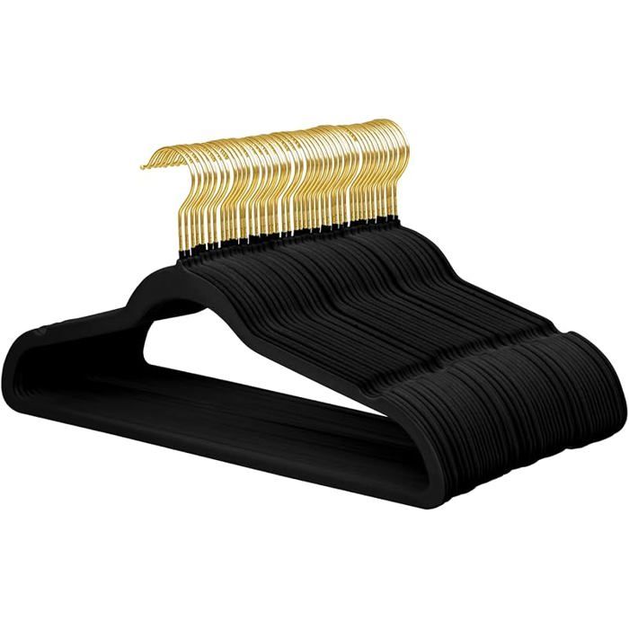 Lot de 48 cintres en Velours avec Crochet pivotant doré Noir Cintres de costume en feutre antidérapants Paquet de 48