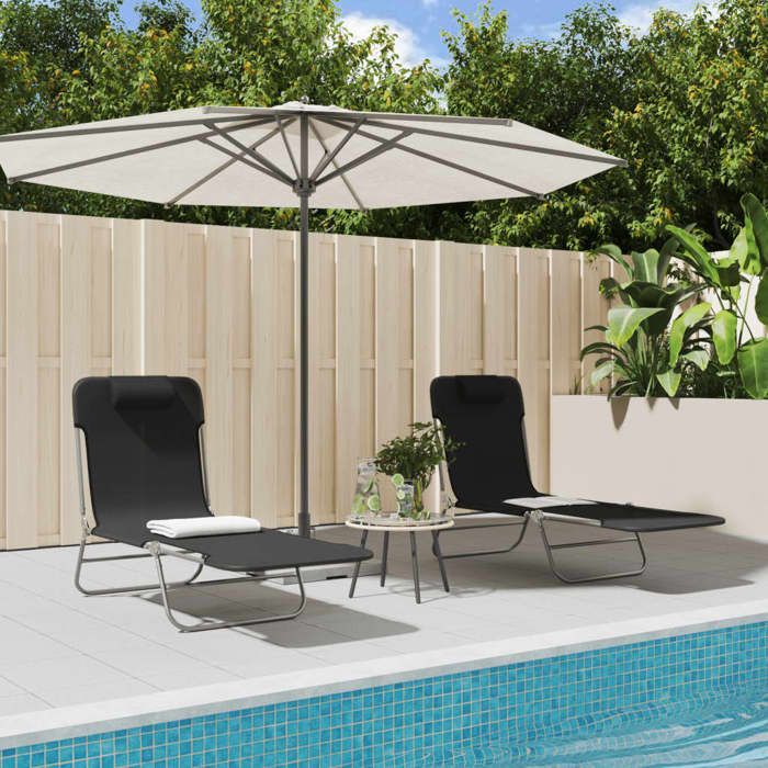 Chaises longues pliables (lot de 2) Bains de soleil noir textilène et acier LL3129