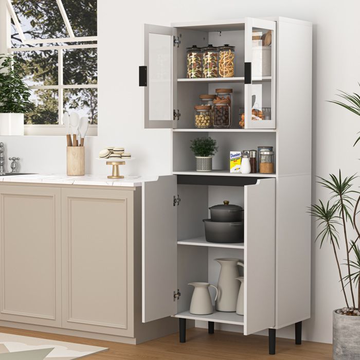 Armoire de rangement haute 4 portes AESVAR en MDF laqué blanc avec vitrine en verre trempé