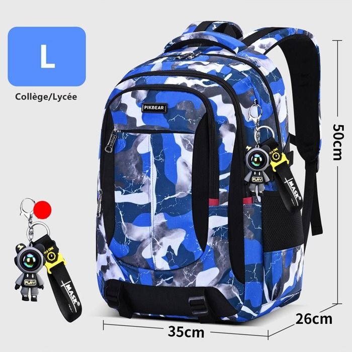Sac à Dos Scolaire Collège Lycée Ados Garçons Filles Tissu Oxford Imperméable Sac Décole Léger Respirant - L - Camouflage Bleu