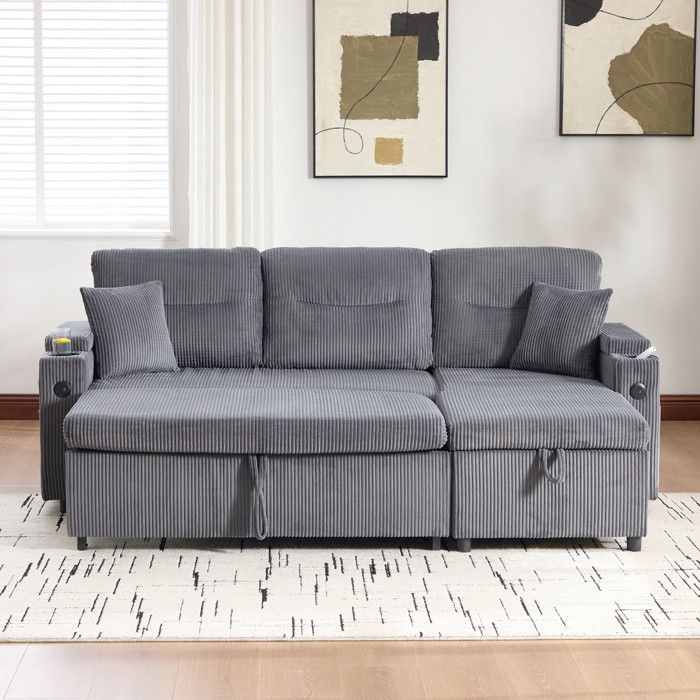 Canapé 3 places - 212.5x136x86 cm - Canapé dAngle Convertible en Velours Côtelé avec Chaiselongue et Rangement - Gris Carbone