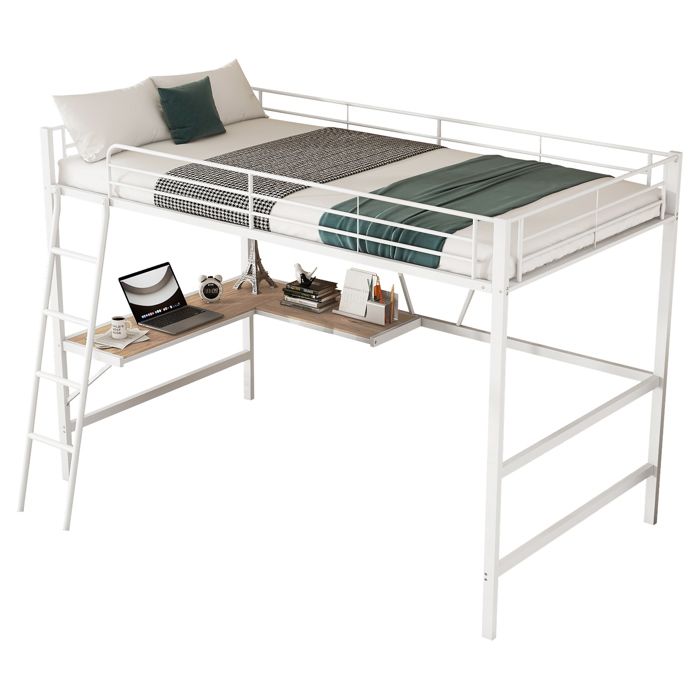 Lit Mezzanine Blanc 90x200cm avec Rangement Échelle Bureau et Étagères Bureau en L Structure Robuste - Fer - pour Enfant Ado