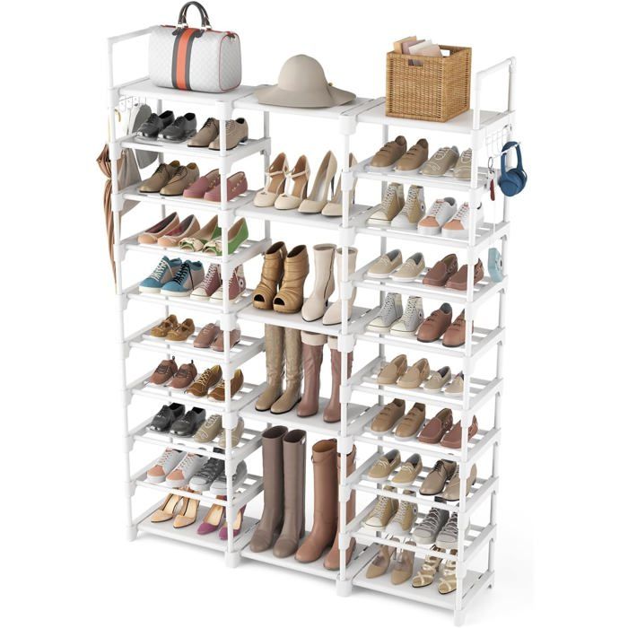 Étagère à chaussures 10 niveaux métal - 54 à 62 paires crochets blanc 127 x 30 cm