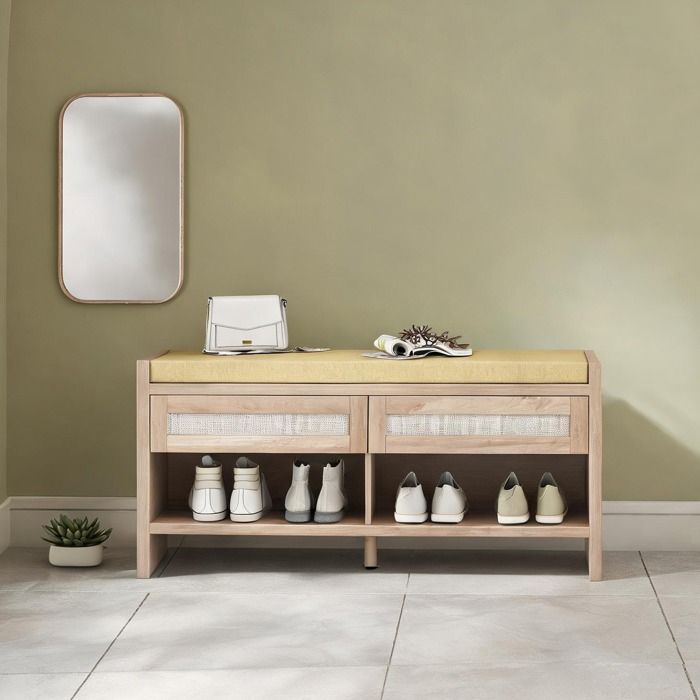 Banc de rangement dentrée avec assise rembourrée lin et tiroirs en rotin chêne - Chêne et marron clair MDF Lin (100 Polyester)