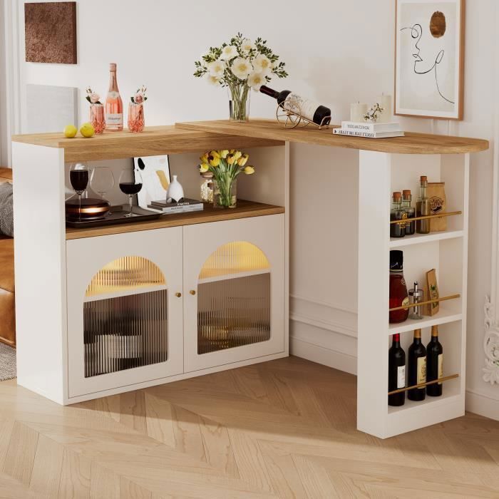 Meuble de bar - AAPAAS - Barre rotatif rétractable - 2 portes et 4 niches - Style moderne - Avec LED - Blanc