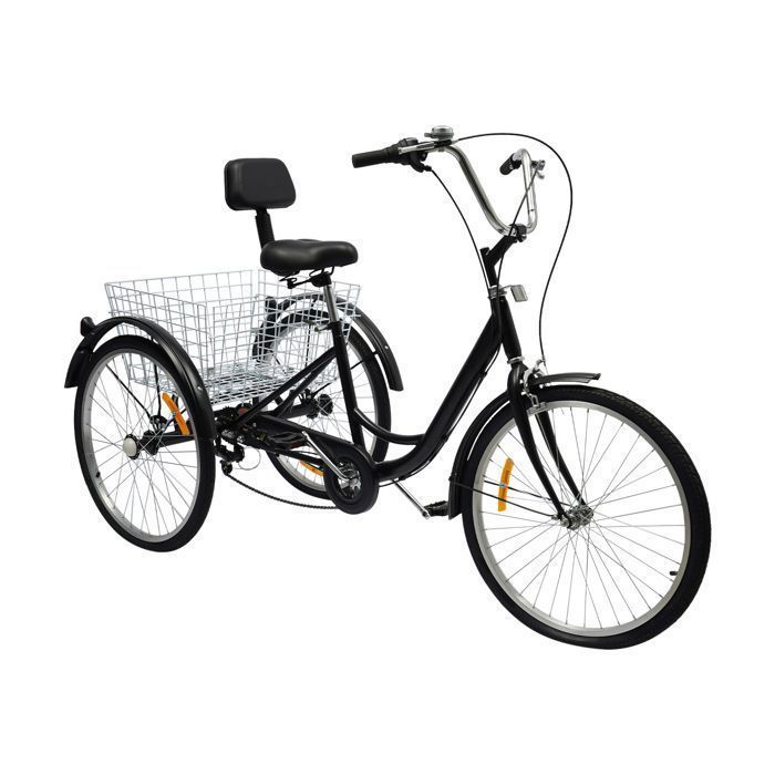 Tricycle adulte 6 vitesses 24 pouces noir avec lumière et panier pour faire du shopping