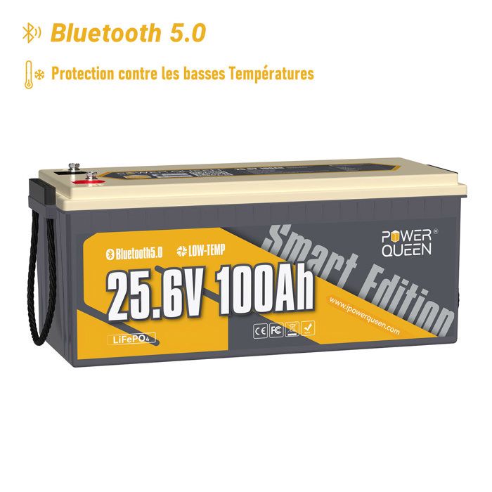 Power Queen LiFePO4 Batterie - 24V 100Ah Bluetooth - BMS 100A avec protection contre les basses températures -L532 * P207 * H215mm