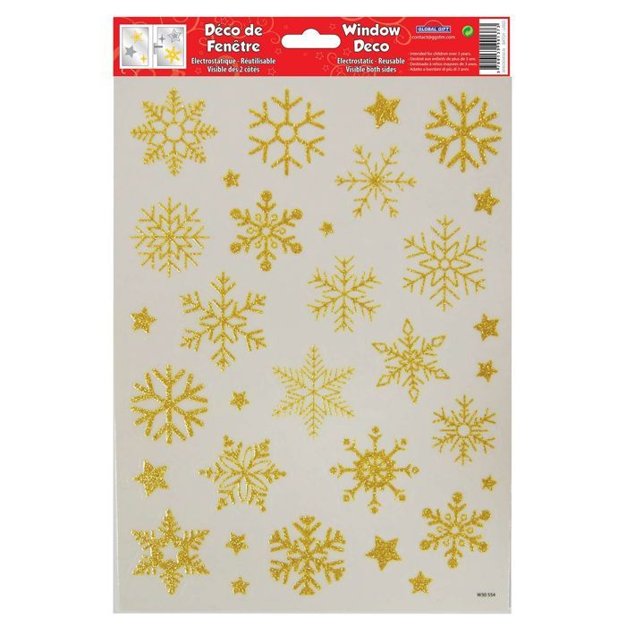 Décoration de fenêtre électrostatique Noël Flocons de Neige dorés