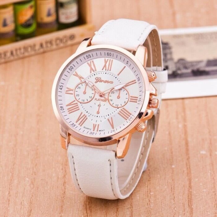 Montre Geneva Quartz Cuir Couleur Blanc Pour Femme Elegante Platinum Analogique Chiffre Blanc Achat vente montre Femme Adulte Cuir Cdiscount