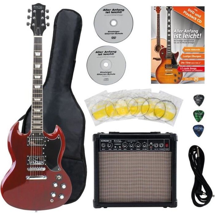 Rocktile Pack Guitare Electrique Set Amplificateur Sac Cable Sangle Cordes Plectres Bleu 