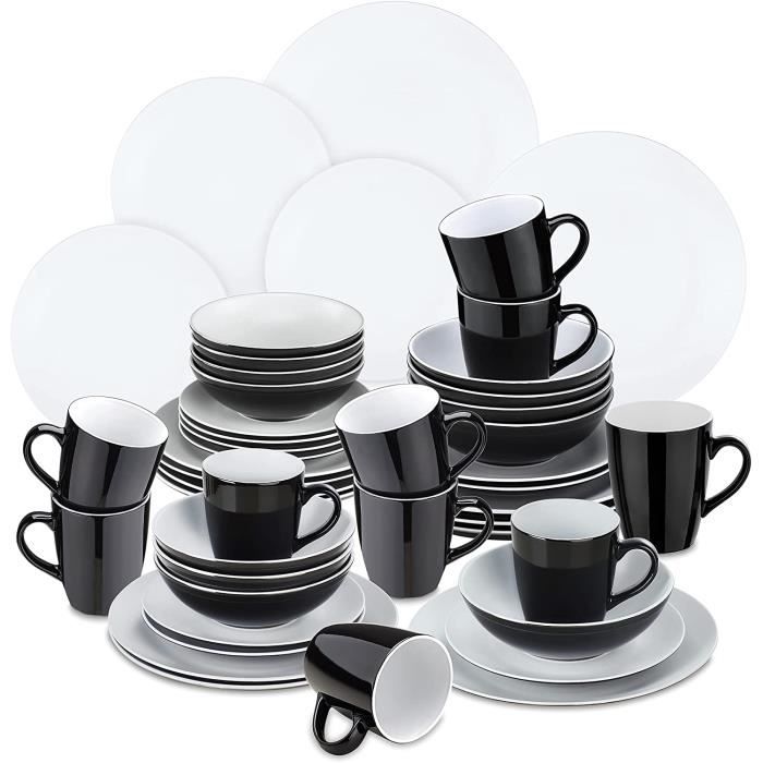 Service de table complet - VANCASSO - VC-LENTO-WT-SL*3 - 48 pièces - bicolore blanc & noir - grès résistant lave-vaisselle
