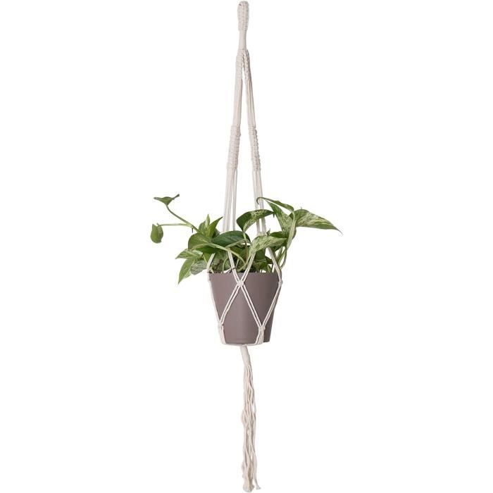 Support Mural Pour Plantes En Macramé - Corde Coton Blanche 109 Cm, Crochets Inclus