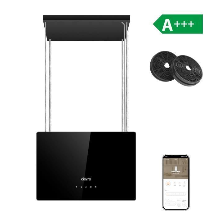 CIARRA A+++ Hotte îlot à Recyclage 48cm 700M3/H Wi-Fi & Tactile Booster Silencieux LED Affichage 2pcs Filtre Actif Noir