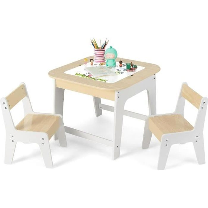 DREAMADE Ensemble Table Enfants avec 2 Chaises Table Dessin Plateau Double Face et Espace de Rangement Caché Charge 30KG 3-6 Ans