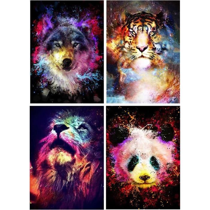 Set 4 Diamond Painting Animali SHEGZHUC | Quadri Mosaico 30x40 Cm Con Tigre, Lupo, Leone E Gufo | Kit Completo Con Strass Rotondi E Tela HD