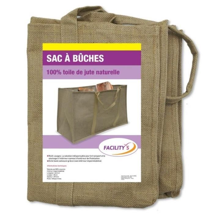 Sac à Bûches En Jute Naturelle RUECAB - Porte-Bûches Imperméabilisé Fond Renforcé 61x31x37cm