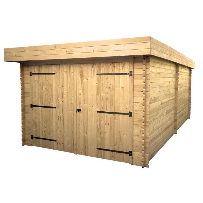 HABRITA Garage Madriers bois massif - Toit plat avec bac en acier - 28 mm - 21,46 m2
