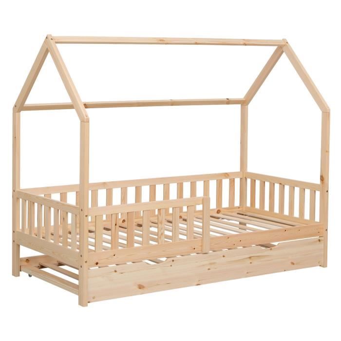lit cabane gigogne pour enfant en bois marceau marron - happy garden - 190x90cm - a lattes - avec tiroirs