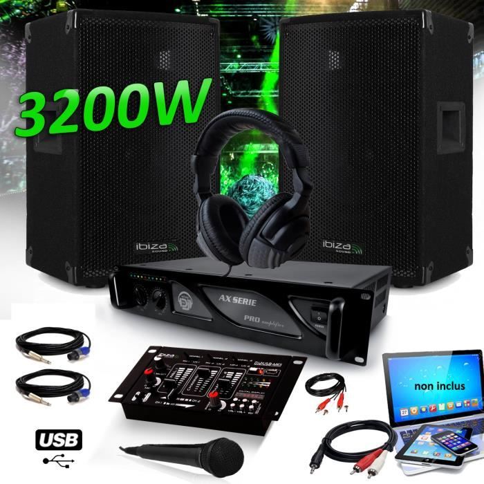 Pack DJ SONO SET 3200W Enceintes IBIZA SOUND DISCO12 + Amplificateur MyDj 2000W + Table de Mixage DJ21 USB + CASQUE + CABLES